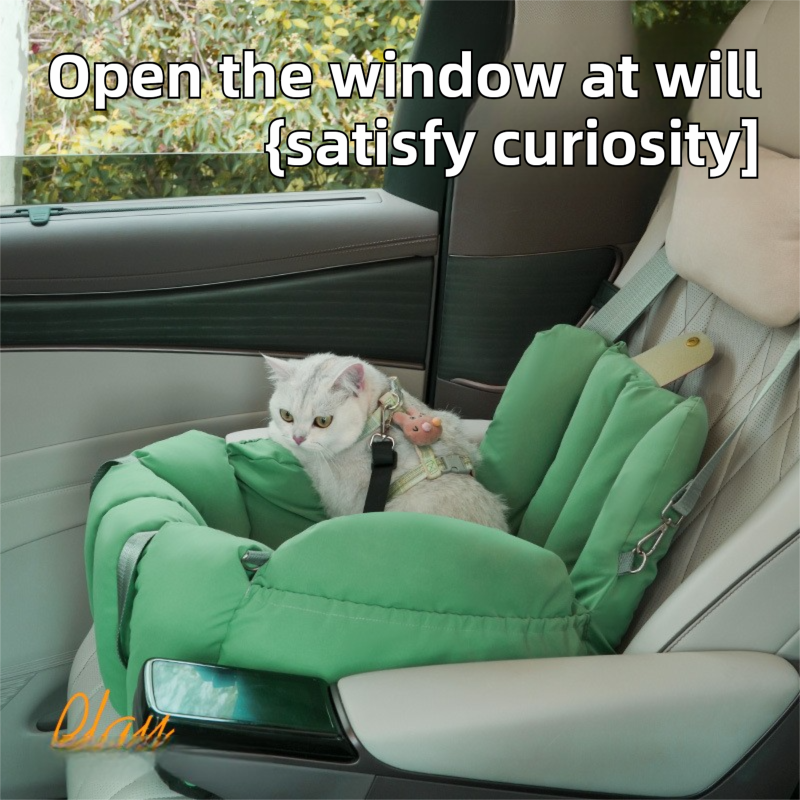 Green 2-in-1 Fluffy Travel Cat Bed & Car Safety Seat - Enclosed Windproof Pet Carrier with Reversible Summer/Winter Cushion, Reinforced Handle and Escape-Proof Leash