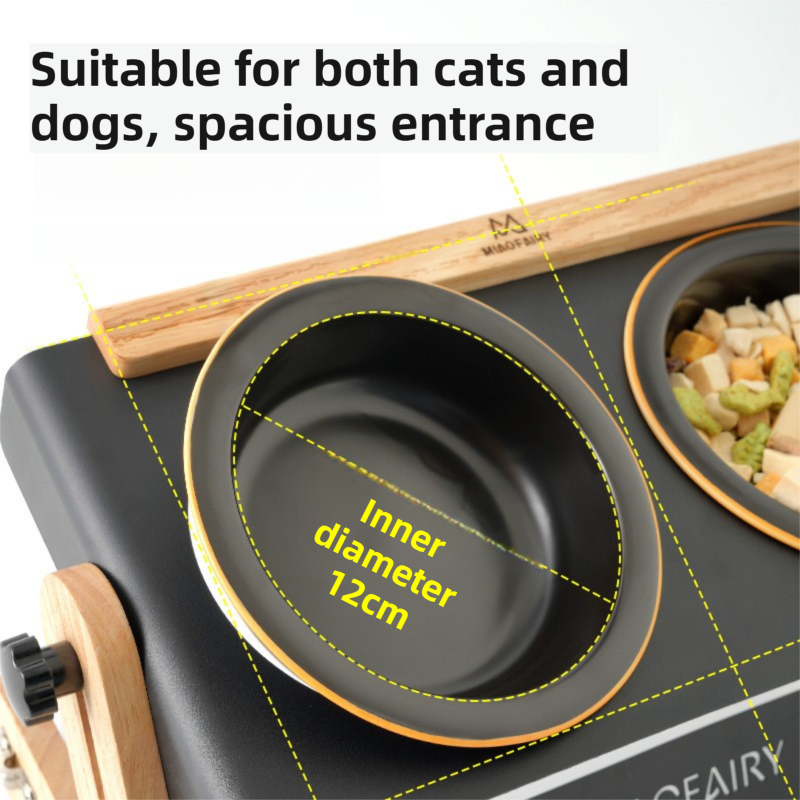 Black Elevated Adjustable (9-14CM) Double Ceramic Bowls Pet Diner - Ergonomic 270° Tilt Controlled Tip-Proof Stable Iron Base