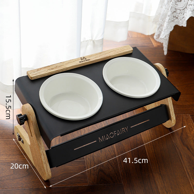 White Elevated Adjustable (9-14CM) Double Ceramic Bowls Pet Diner - Ergonomic 270° Tilt Controlled Tip-Proof Stable Iron Base