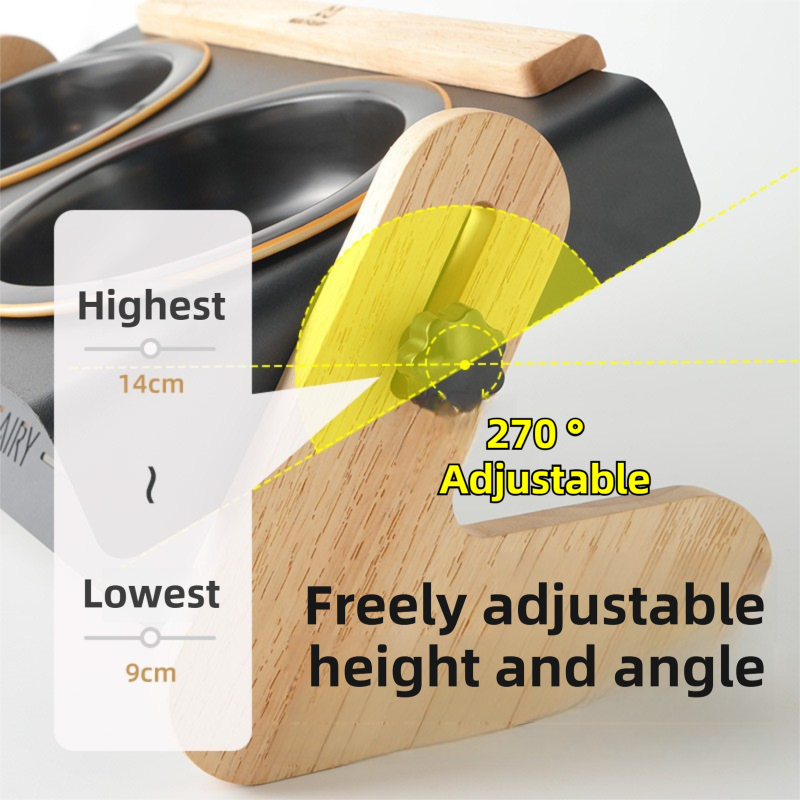 White Elevated Adjustable (9-14CM) Double Ceramic Bowls Pet Diner - Ergonomic 270° Tilt Controlled Tip-Proof Stable Iron Base