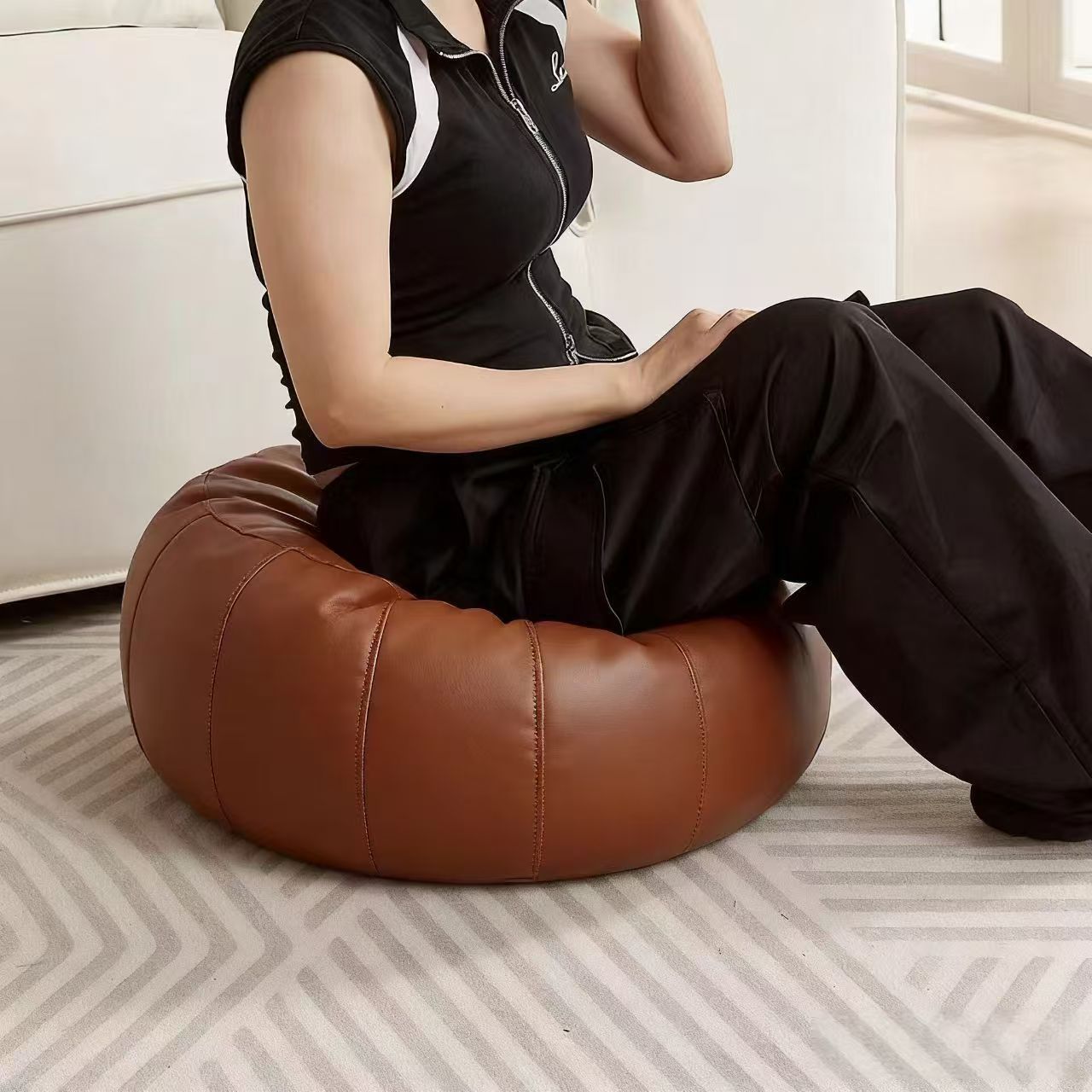 Brown Faux Leather Pumpkin Pouf Cover - DIY Unfilled Round Ottoman for Clothes Storage and Footrest - 50x30cm Versatile Home Decor