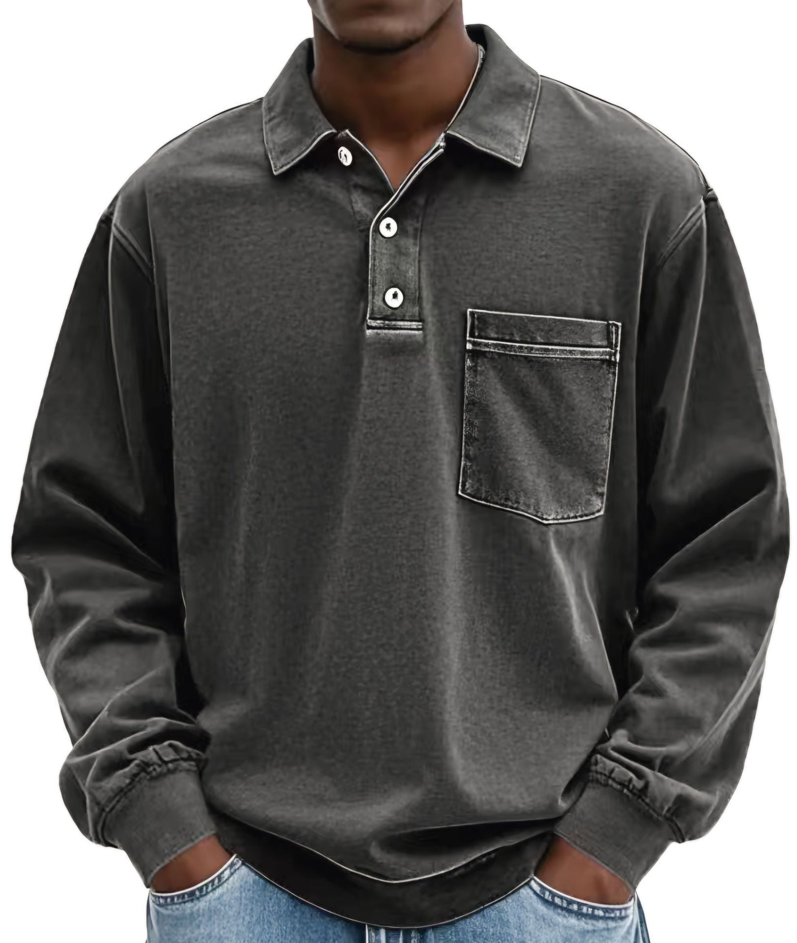 XXL Black Men's Premium Long Sleeve Polo Shirt | Vintage Washed Relaxed Fit | Casual Loose Buttoned Lapel Top