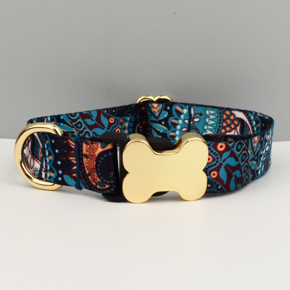 L Blue Print Boho Patterned Dog Collar with Gold Metal Bone Buckle Adjustable Tribal & Leopard Print Neck Strap for Puppies & Dogs