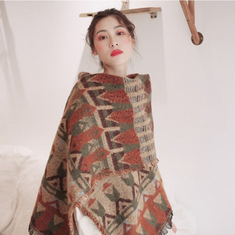 Red-beige Extra Large Ethnic Print Faux Lambswool Shawl - Cozy Winter Wrap Scarf (70x211cm)