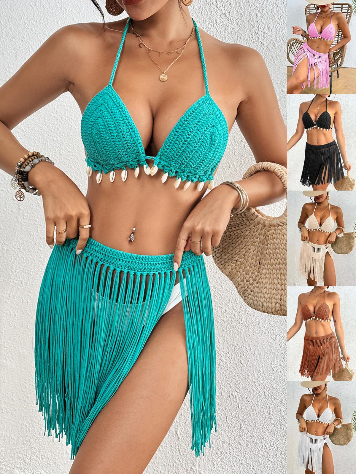 Black Women's Hand-Crocheted Two-Piece Bikini Set with Shell Accents and Tassel Skirt