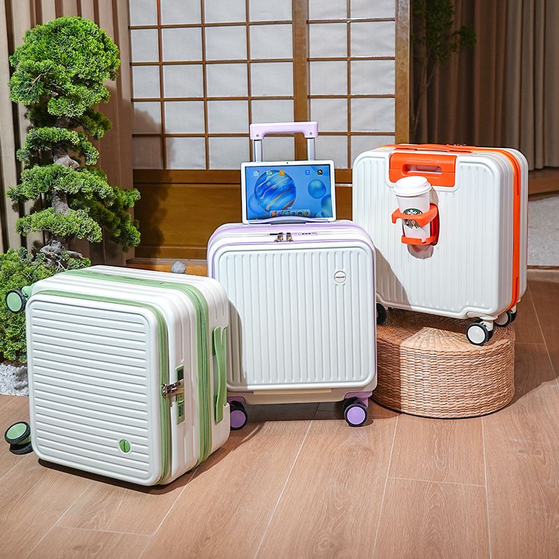 Purple and white Front Opening Carry On Luggage 18 Inch - Lightweight Hard Shell Suitcase with Spinner Wheels, Shockproof Laptop Compartment, USB Charging Port - Ideal for Business Trips and Short Travels
