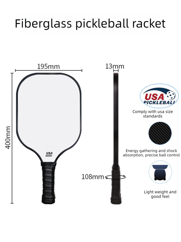 Black Fiberglass Pickleball Paddle - Lightweight 215g with Anti-Slip TPU Grip for Outdoor Sports