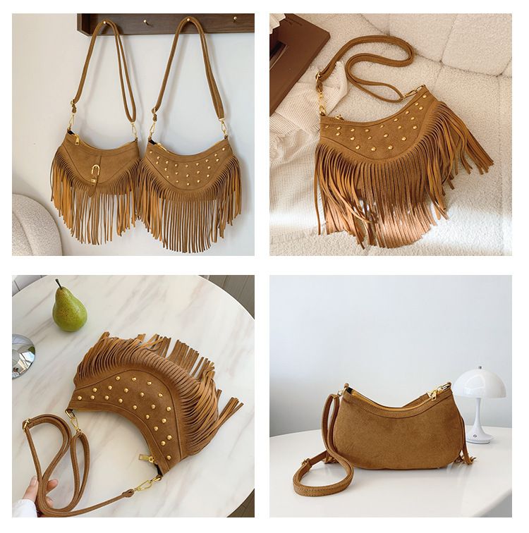 Khaki Vintage Boho Fringe Crossbody Bag - Retro Studded PU Leather Shoulder Purse with Adjustable Strap