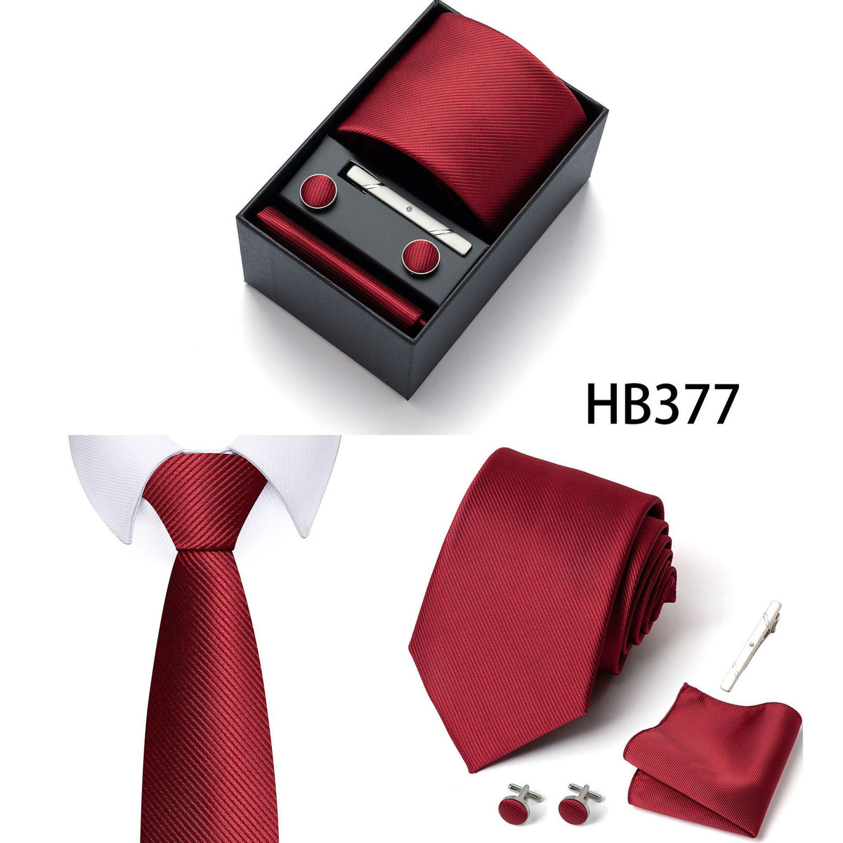 Red Premium Men's 4-Piece Formal Tie Set -  Necktie, Pocket Square, Cufflinks, and Tie Clip in a Luxury Gift Box