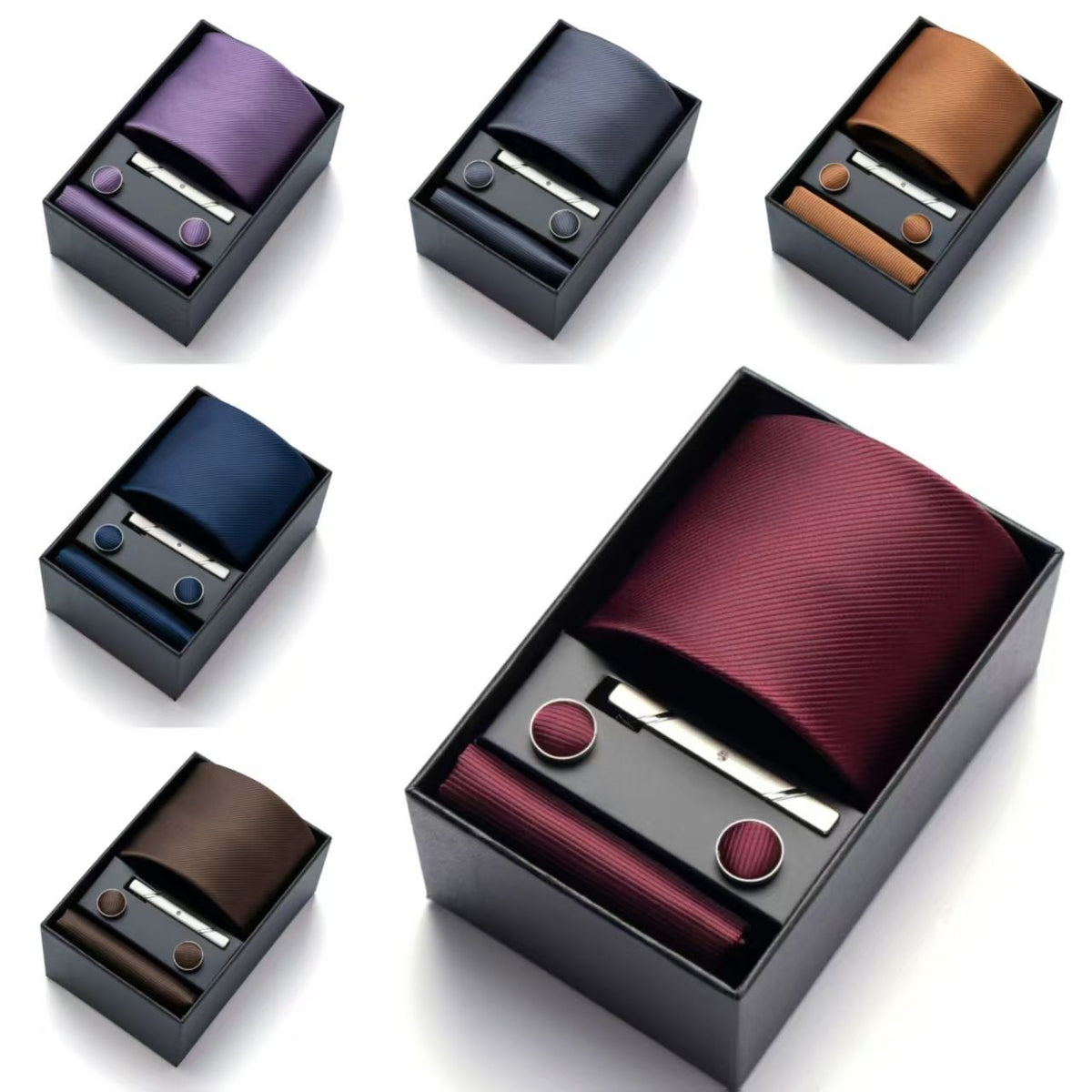 HB378 Dark Green Premium Men's 4-Piece Formal Tie Set -  Necktie, Pocket Square, Cufflinks, and Tie Clip in a Luxury Gift Box