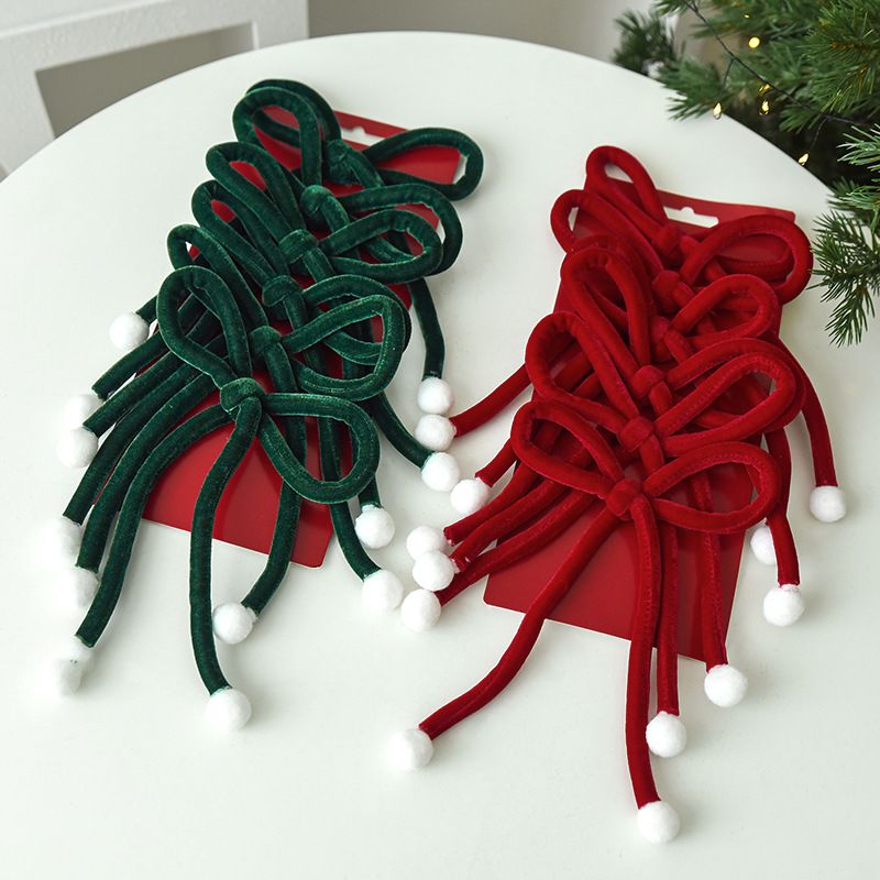 Christmas Tree Bow Ornaments 6 Pack - Red Velvet Ribbon Hanging Decorations with White Pom Poms, Bendable Wire Festive Garland for Xmas Tree, Wreath & Holiday Home Decor