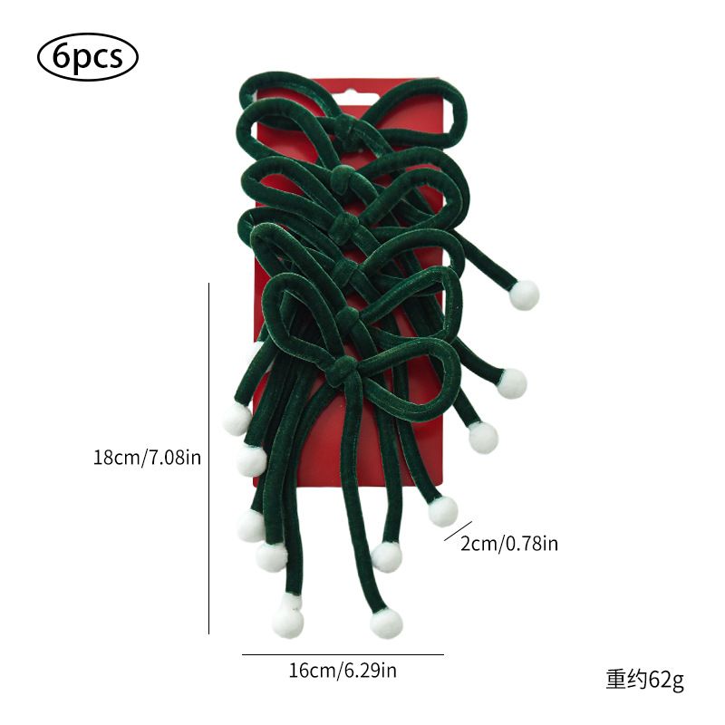 Christmas Tree Bow Ornaments 6 Pack - Green Velvet Ribbon Hanging Decorations with White Pom Poms, Bendable Wire Festive Garland for Xmas Tree, Wreath & Holiday Home Decor