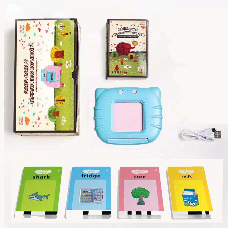 Blue Cat [Plain English] [112 Cards 224 Contents] Bilingual Early Learning Flash Card Reader - Interactive Audio Toy for Toddlers