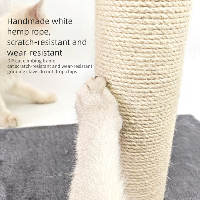 Grey Cat Climbing Frame with Sisal Scratching Post, Integrated Resting Platform and Hanging Pom-Pom Toys – Sturdy Floor Standing Cat Tree for Scratching, Climbing and Relaxation