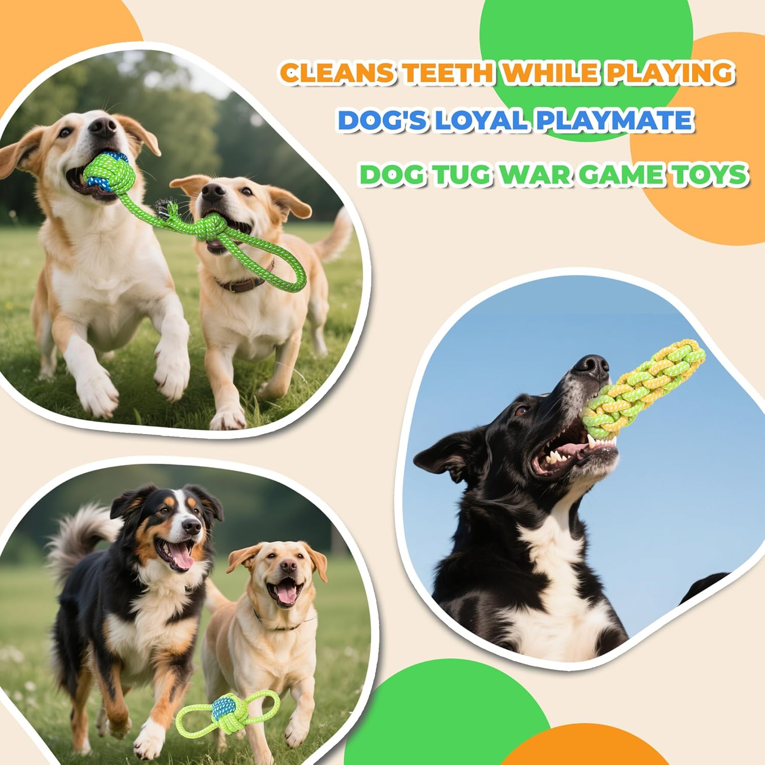 7-Piece Green Durable Cotton Rope Dog Toy Set - Washable Knotted Ball & Tug Toys for Aggressive Chewers, Interactive Teeth Cleaning Pet Toy for Small to Medium Dogs & Cats