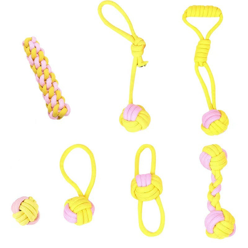 7-Piece Yellow and pink Durable Cotton Rope Dog Toy Set - Washable Knotted Ball & Tug Toys for Aggressive Chewers, Interactive Teeth Cleaning Pet Toy for Small to Medium Dogs & Cats