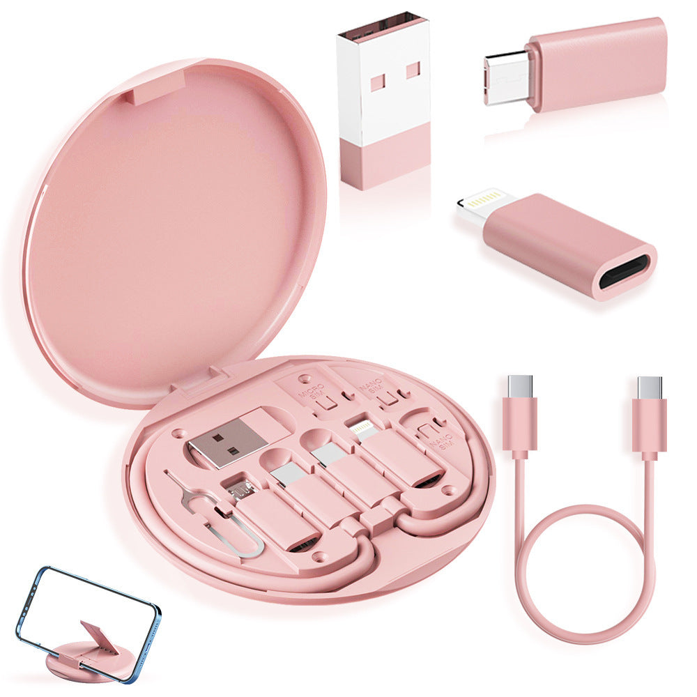 2-Pack Pink 60W Fast Charging Cable Kit with Storage Box - 5-in-1 Multi-Interface Data Cable Set with Phone Stand & SIM Ejector Tool - Universal Compatibility for iPhone, Android, and Type-C Devices - Portable Travel Gadget Organizer