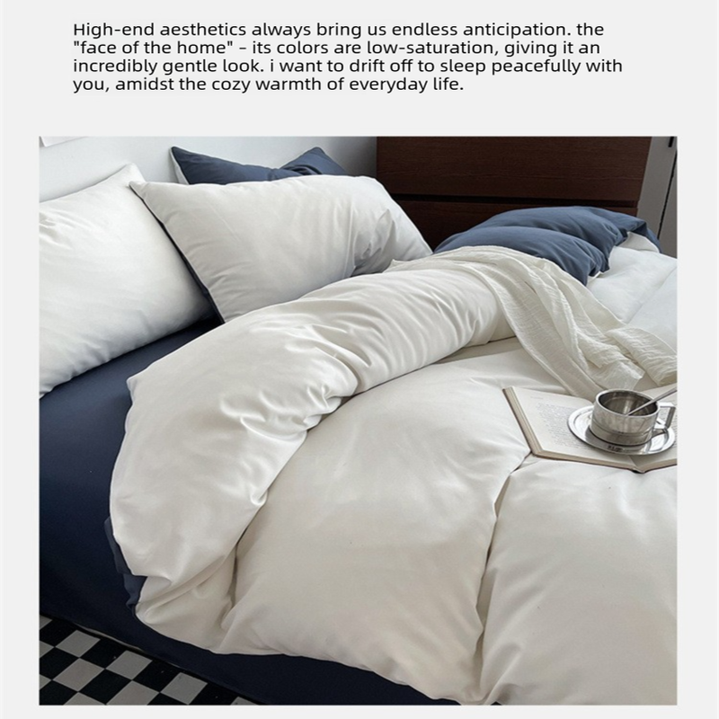 Light blue cheese Washed Cotton Bedding Set - Solid Color Fitted Sheet Style, 4-Piece Set for 1.8m Bed, Includes 10 Random Color Quilt Fasteners