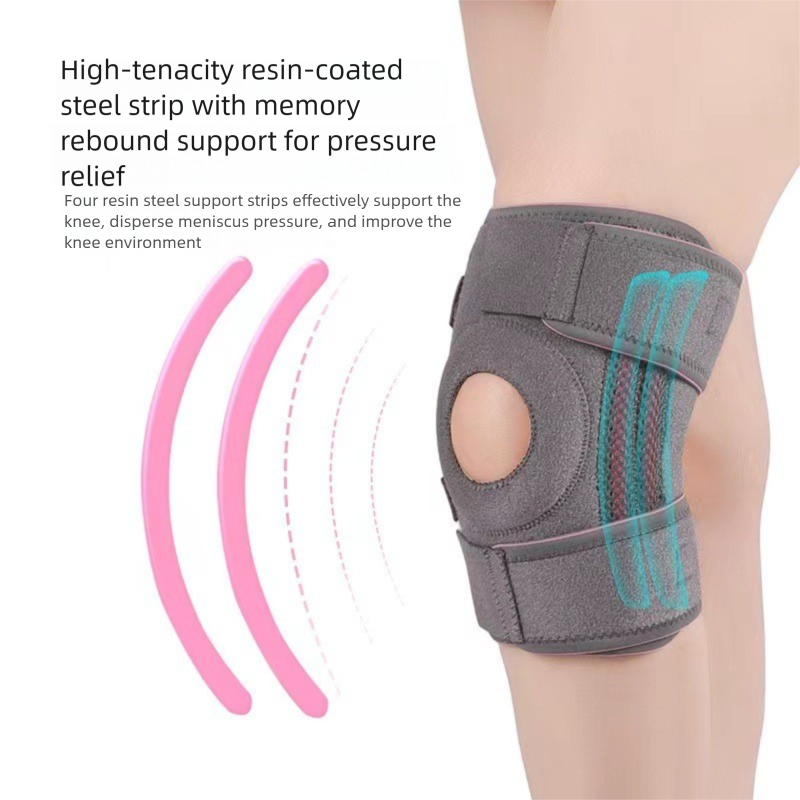 Black and orange Adjustable Open Patella Knee Brace with Spring Support and Compression Straps for Basketball Squats and Running Joint Protection for Local Athletes