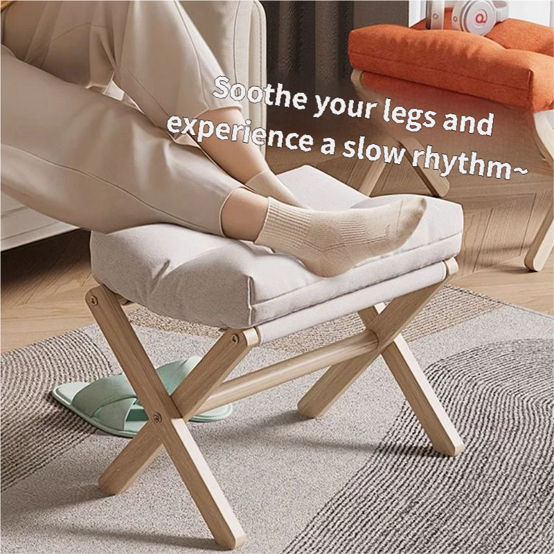 Light Grey Foldable Ottoman & Padded Footstool with Velcro Stability & Spare Cusion - Cotton Linen Portable Office Leg Rest & Entryway Shoe Stool