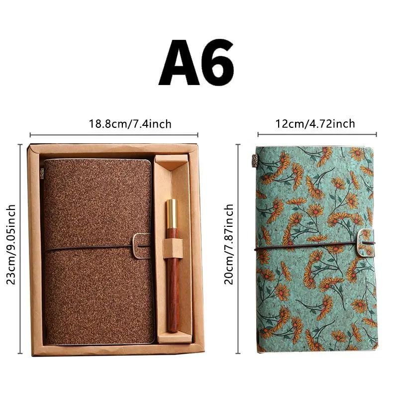Forest Floral Retro A6 Travelers Leather Notebook & Wooden Pen Gift Box - Floral Botanical Loose-Leaf Journal with Bronze Charm, Kraft Paper and Lined Paper