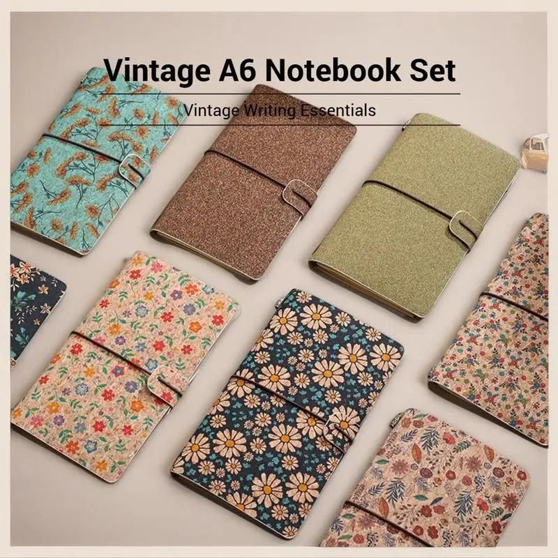 Shiny Brown Retro A6 Travelers Leather Notebook & Wooden Pen Gift Box - Floral Botanical Loose-Leaf Journal with Bronze Charm, Kraft Paper and Lined Paper