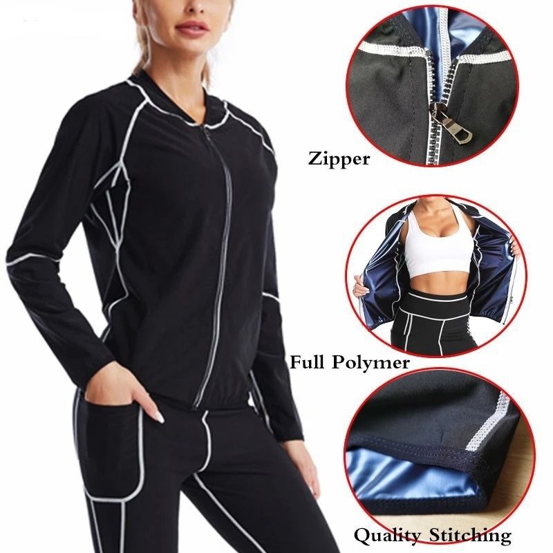 XL Size Black and Silver Women's Workout Sauna Sweat Suit Set: Long Sleeve & Leggings - High Elasticity Compression Shapewear for Weight Loss & Yoga