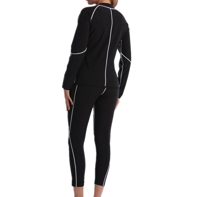3XL Size Black and Silver Women's Workout Sauna Sweat Suit Set: Long Sleeve & Leggings - High Elasticity Compression Shapewear for Weight Loss & Yoga