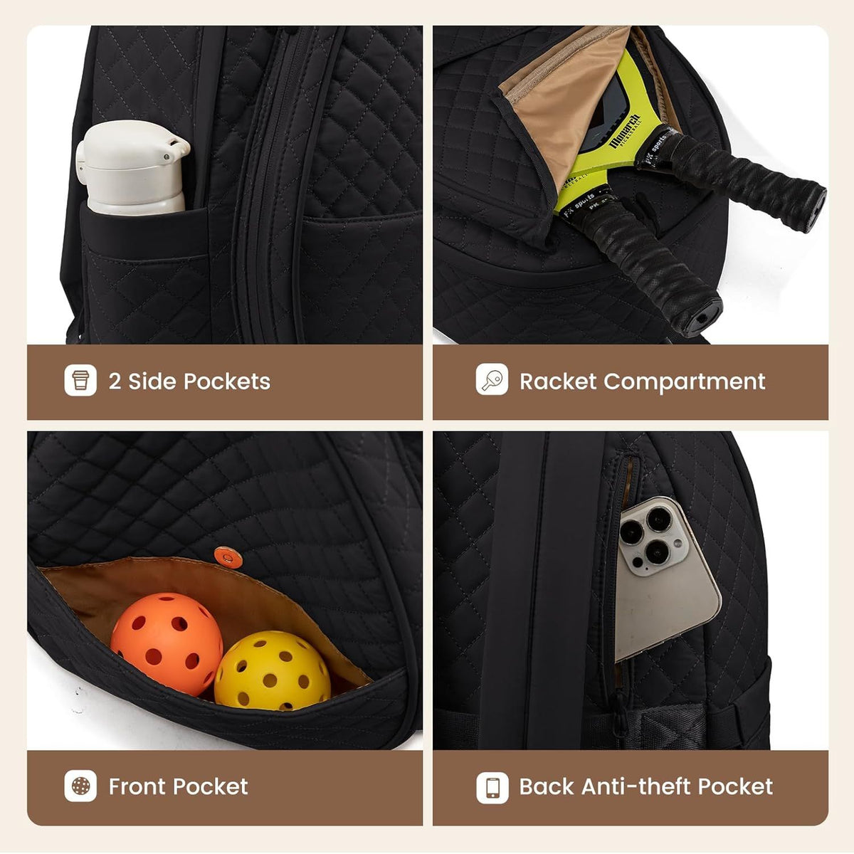 Beige Large Tennis & Pickleball Quilted Backpack and Sports Travel Tote for Men and Women - Racket Compartment, 2 Side Pockets & Multi-Pocket Organization (32x17x44.5 CM)