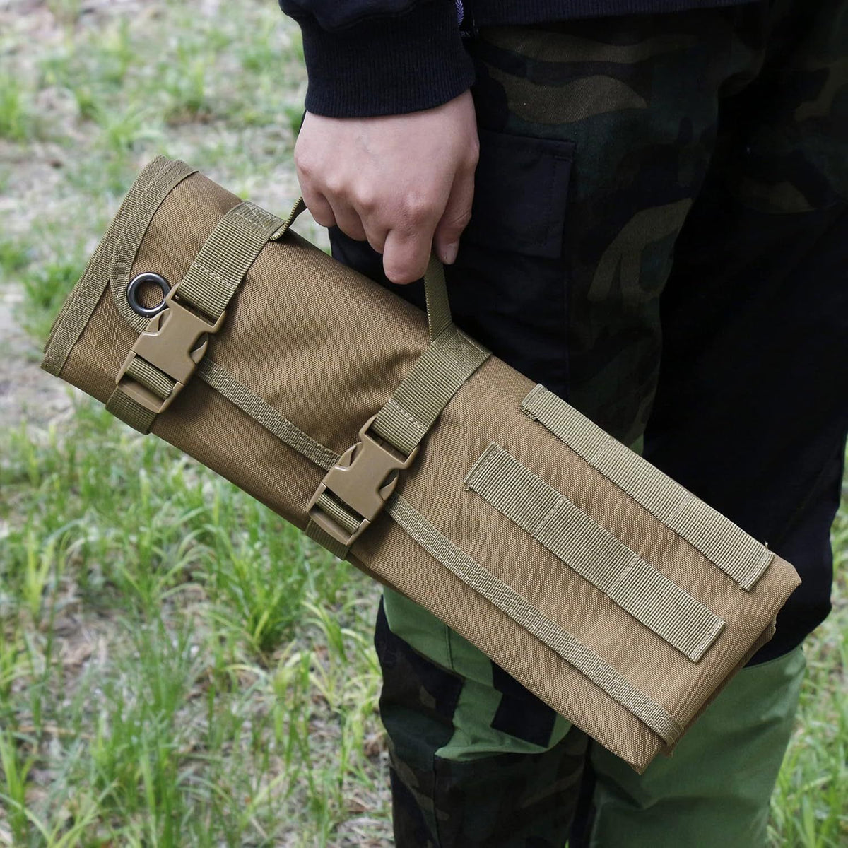 200x75CM Khaki Outdoor Tactical Roll-Up Shooting Mat - MOLLE Webbing & Stake Down Eyelets - Portable Waterproof Ground Pad for Field Training, Camping & Picnic