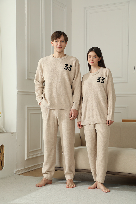 Khaki Men's Warm & Cozy Semi-Flannel Couple's Pajamas — Knitted Digital Pattern, Soft Fleece Fabric, Pullover Style: The Ideal Choice for Loungewear in Autumn and Winter