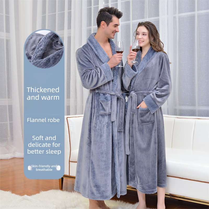 Pink M size Plush Flannel Robe for Couples - Thickened Warm Bathrobe with Shawl Collar, Soft Fleece Material, Unisex Long Style for Winter Home Wear