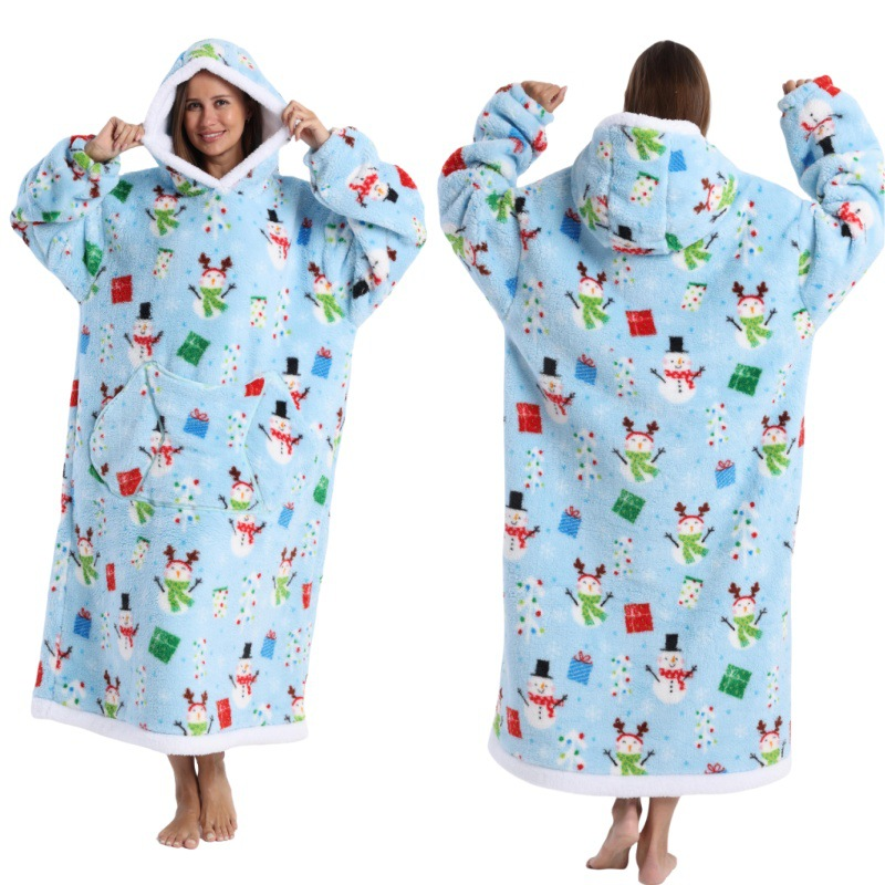 Blue Christmas Edition Oversized Hooded Blanket for Adults - Ultra Soft & Warm Wearable Fleece Throw with Giant Pocket, Perfect for Winter, Christmas & Valentine's Day