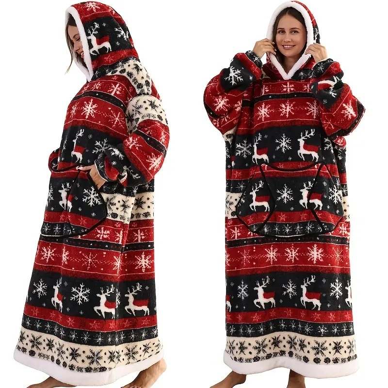 Blue Christmas Edition Oversized Hooded Blanket for Adults - Ultra Soft & Warm Wearable Fleece Throw with Giant Pocket, Perfect for Winter, Christmas & Valentine's Day