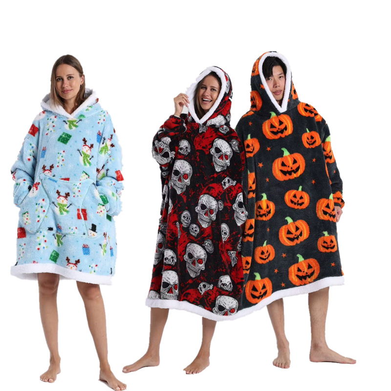 Blue Christmas Edition Oversized Hooded Blanket for Adults - Ultra Soft & Warm Wearable Fleece Throw with Giant Pocket, Perfect for Winter, Christmas & Valentine's Day