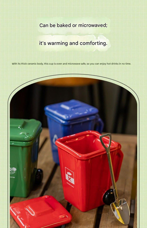 5-piece cup Creative Trash Can Ceramic Mug with Shovel Spoon - 400ml Funny Garbage Bin Coffee Cup with Lid - Novelty Gag Gift for Birthday Christmas - Quirky Kitchen Cup for Home Office【Green+Red+Blue+Yellow+Grey】