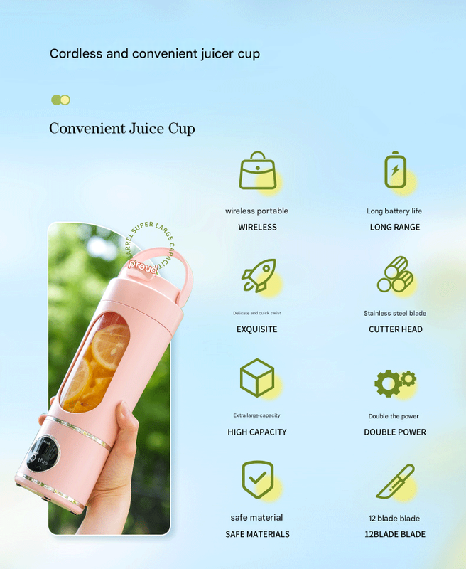 Yellow 3.7V Portable Blender 700ml Wireless Juicer Cup - 12 Blade USB Rechargeable Smoothie Maker with LED Display - Personal Fruit Mixer with Safety Lock - BPA Free Travel Blender for Home Office Outdoor