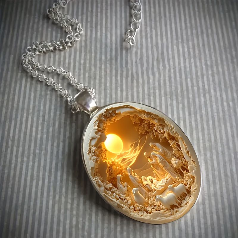 3D Nativity Scene Necklace-  Oval Pendant, Jesus Birth Christmas Easter Gift for Women Men, Zinc Alloy Chain Necklace