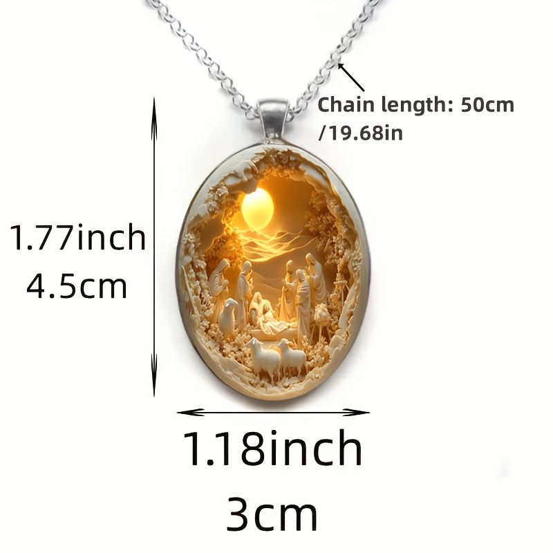 3D Nativity Scene Necklace-  Oval Pendant, Jesus Birth Christmas Easter Gift for Women Men, Zinc Alloy Chain Necklace