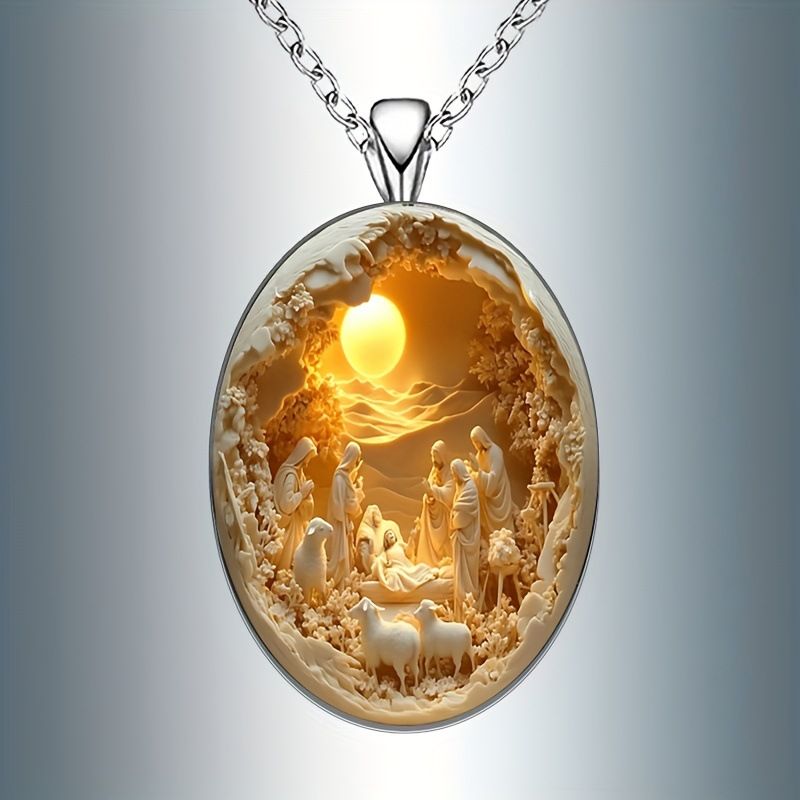3D Nativity Scene Necklace-  Oval Pendant, Jesus Birth Christmas Easter Gift for Women Men, Zinc Alloy Chain Necklace