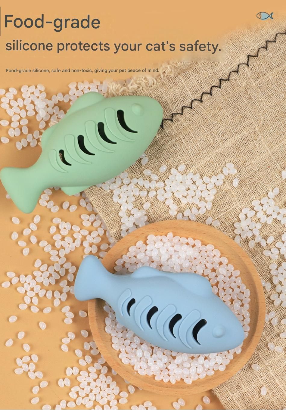 2-piece Blue Fish-Shaped Silicone Cat Toy and  Catnip– 3-in-1 Interactive & Self-Entertaining Toy with Catnip/Cat food, Dental Care & Hairball Relief – BPA-Free, Food-Grade Safety