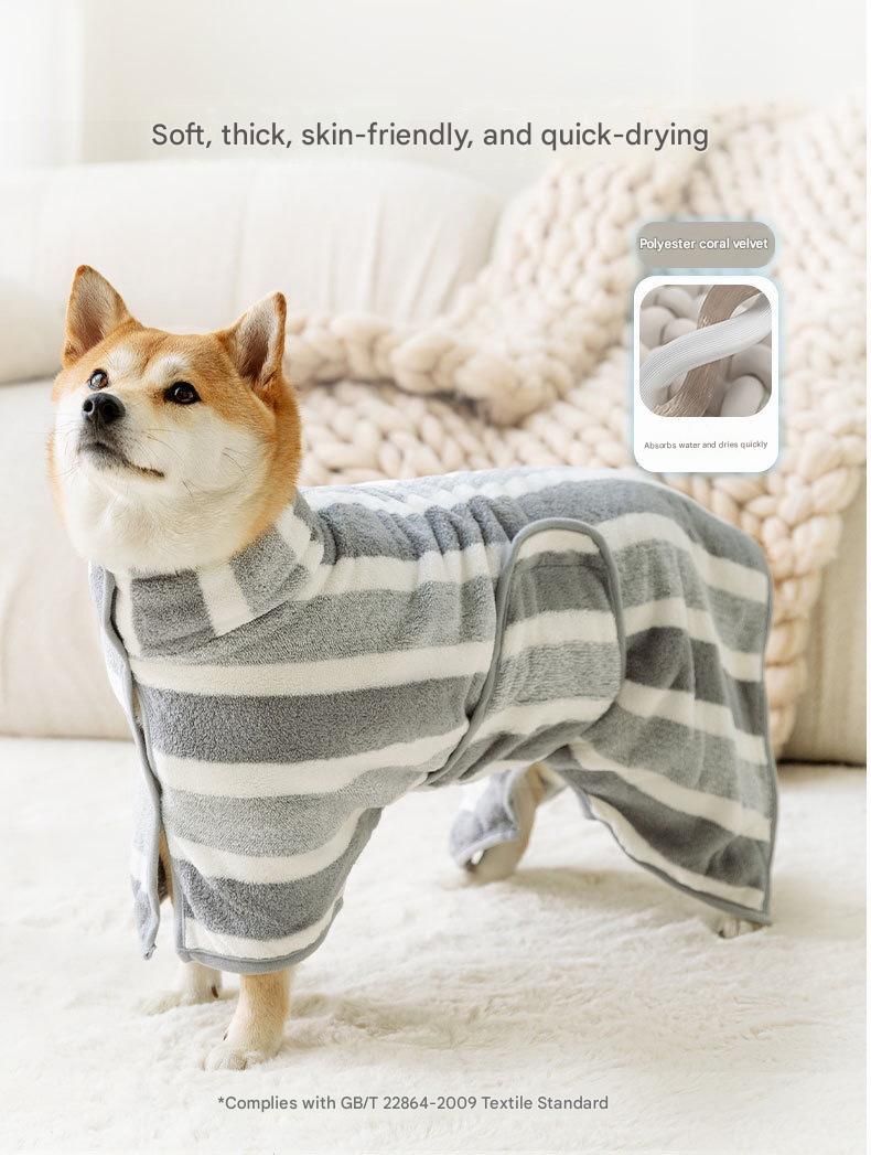 Grey and White L Size Super Absorbent Dog Bathrobe – Quick-Dry Coral Fleece Pet Towel with Snaps & Adjustable Belly Strap | Wearable Drying Coat for Small Medium Large Dogs & Cats After Bath, Swim, Rain