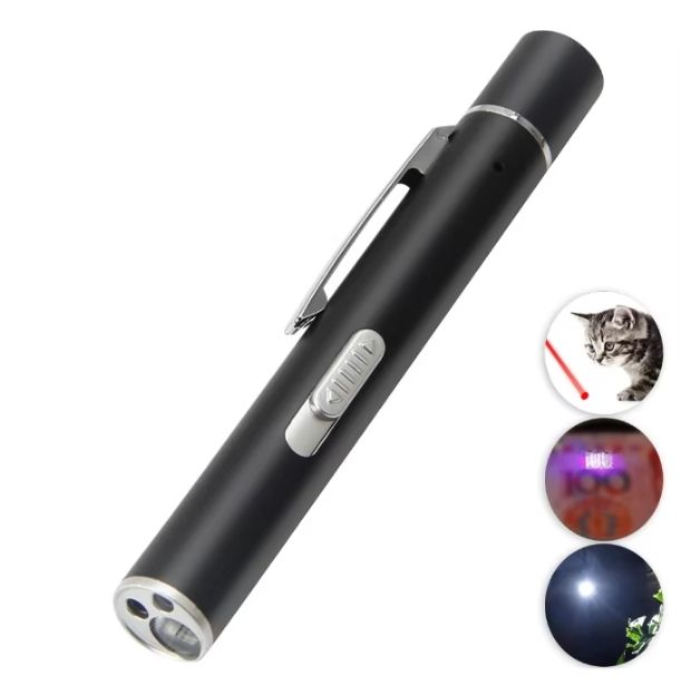 Grey Metal Laser Cat Toy Pen Set - 2 Piece USB Rechargeable 3-in-1 Laser Pointer with UV Light and LED Torch in Gift Tin Box