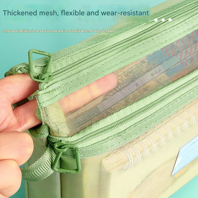 Black Double Layer Mesh File Bag with Handle Large Capacity Student Subject Organizer