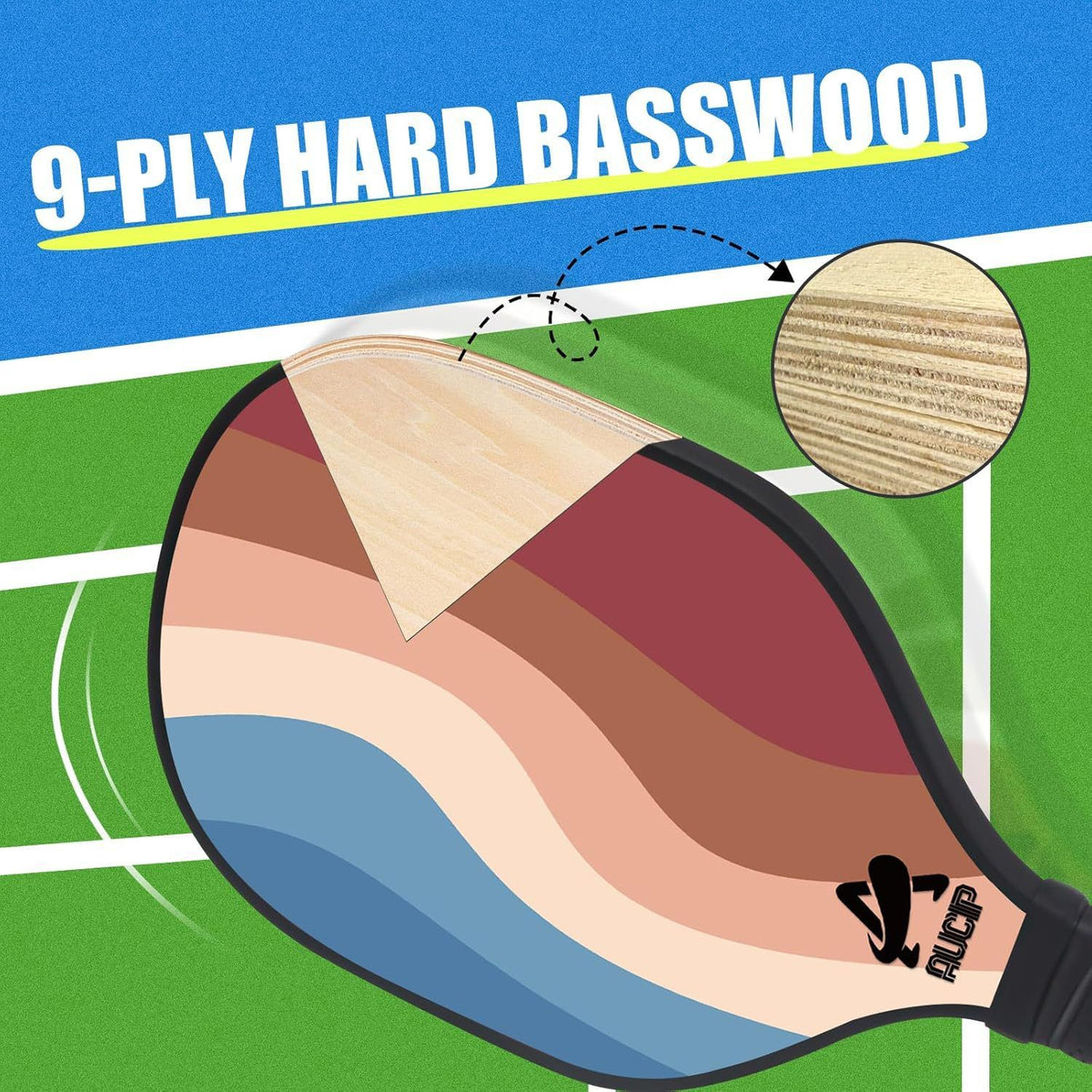 Lightweight 9-Ply Hard Basswood Pickleball Paddle with Curved Stripes Design for Indoor & Outdoor Play - Professional Size Construction, Breathable Non-Slip Grip