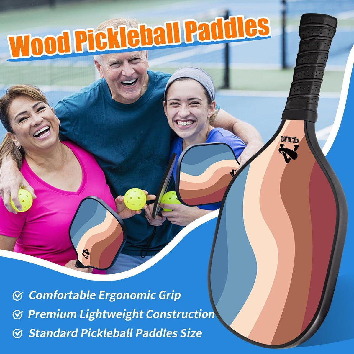 Lightweight 9-Ply Hard Basswood Pickleball Paddle with Curved Stripes Design for Indoor & Outdoor Play - Professional Size Construction, Breathable Non-Slip Grip