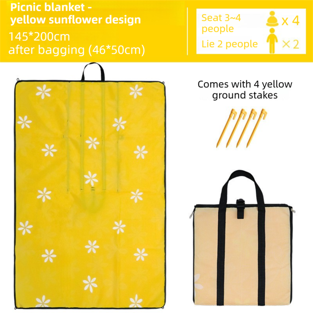2-in-1 Foldable 145 x 200CM Outdoor Picnic Mat and Storage Handled Bag with Yellow Sunflower Pattern & 4 Ground Stakes - Portable Waterproof Camping Blanket Travel Picnic Rug for 3-4 People Outdoor use