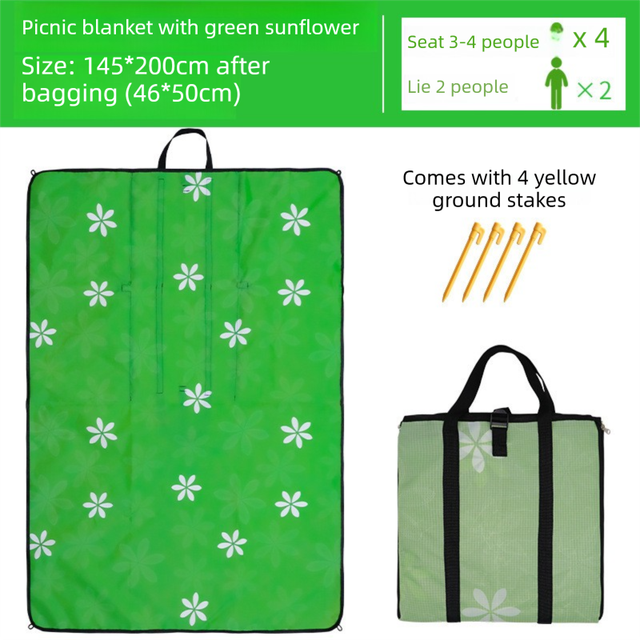 2-in-1 Foldable 145 x 200CM Outdoor Picnic Mat and Storage Handled Bag with Green Sunflower Pattern & 4 Ground Stakes - Portable Waterproof Camping Blanket Travel Picnic Rug for 3-4 People Outdoor use