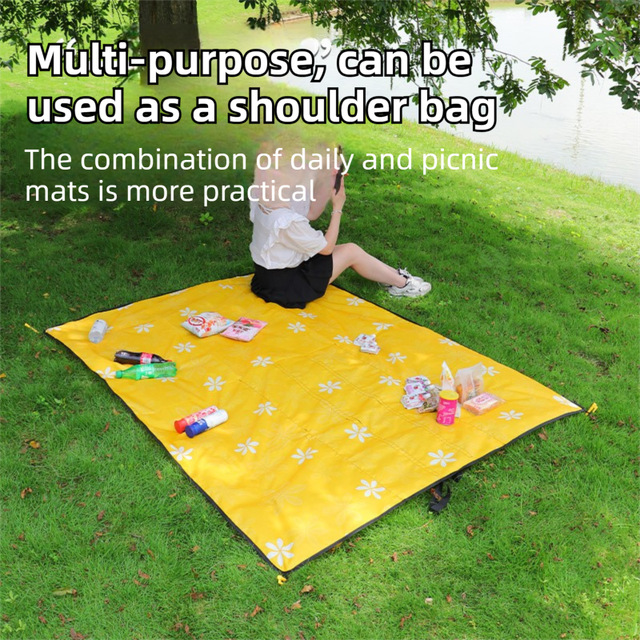 2-in-1 Foldable 145 x 200CM Outdoor Picnic Mat and Storage Handled Bag with Green Sunflower Pattern & 4 Ground Stakes - Portable Waterproof Camping Blanket Travel Picnic Rug for 3-4 People Outdoor use