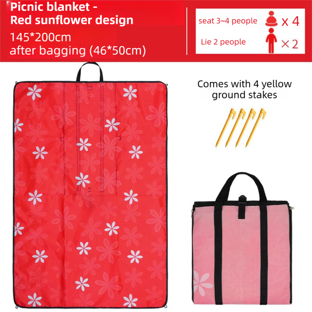 2-in-1 Foldable 145 x 200CM Outdoor Picnic Mat and Storage Handled Bag with Red Sunflower Pattern & 4 Ground Stakes - Portable Waterproof Camping Blanket Travel Picnic Rug for 3-4 People Outdoor use